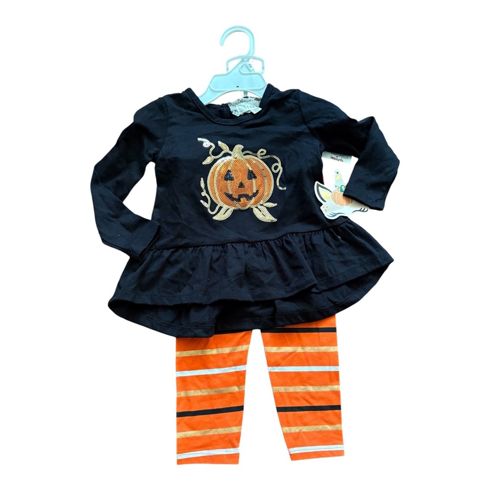 btween Girls Halloween Pumpkin Sequin Peplum Top and Striped Leggings Set 18M